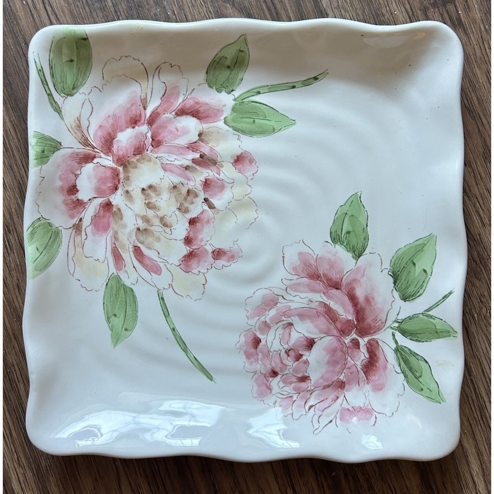 Vintage Pink Peonies Hand-painted Platter Ribbed Scallop Edges 11 3/4" Floral
